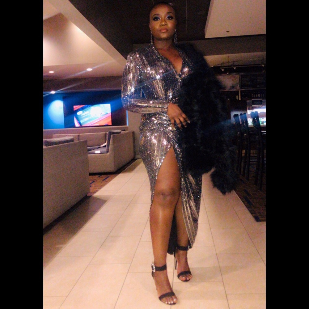 John Zack Tall wrap front sequin maxi dress silver